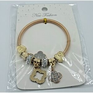 Clover Heart Bead Pave Dangle Charm Bracelet Gold Tone‎ NEW